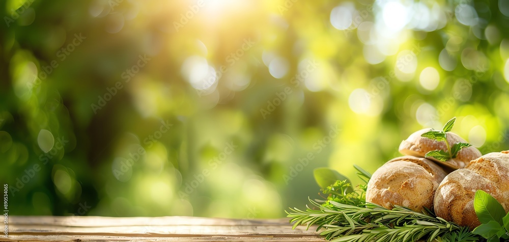 Poster a table with bread and herbs on it
