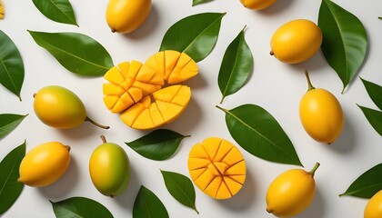 Yellow mango slices arranged on a white surface, surrounded by whole mangoes and green leaves. The mangoes are bright yellow, with some whole mangoes being green. The composition is vibrant and fresh,