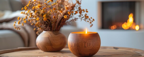 coffee table with a wooden round brown vase and scented candle on top, modern living room interior background. The vase and candle 