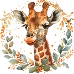 Baby Giraffe with Wreath, Watercolour