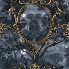 Ornate Goldframed Magic Mirror Seamless Pattern of a Spectral Victorian Manor
