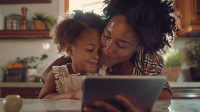 Mother and daughter watching entertainment on digital tablet at home. Happy family concept.