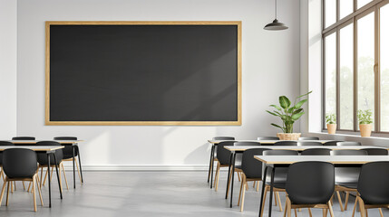 Interior of modern classroom with white walls.
