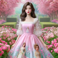 Elegant Fairy Tale Princess in a Blooming Pink Garden
