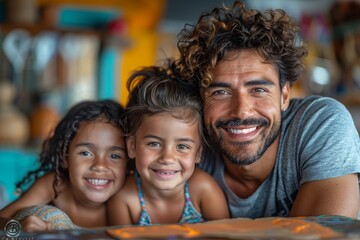 Fototapeta premium Happy Family Portrait With Two Young Girls And Their Father