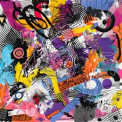 Obraz premium Chaos Collages prints. A colorful abstract painting depicting various shapes and patterns in rich colors. Dynamic chaos collage