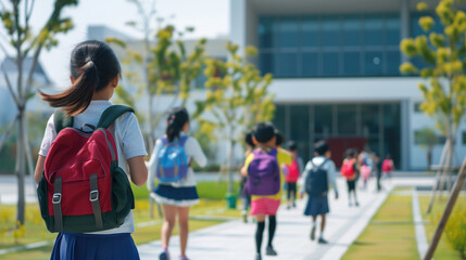 Fototapeta premium back view of schoolgirl with backpack running to school.