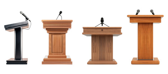 Set of blank podium or speech lectern stand with microphone isolated on background, empty wooden standing table.