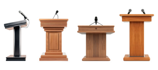 Set of blank podium or speech lectern stand with microphone isolated on background, empty wooden standing table.