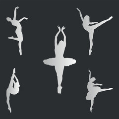 Set of silhouettes of dancing ballerina. Vector on black background