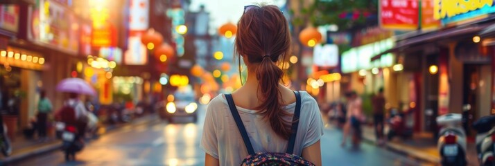 Obraz premium Back view of traveler young women standing on city streets while on vacation in Asia, Travel trip.