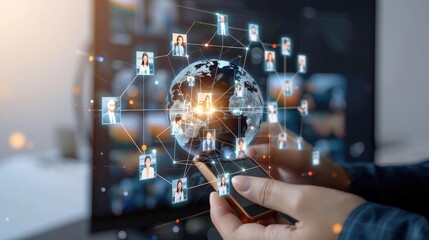 A 3D rendering of a detailed world map displayed on a large screen, with several other blurry data screens in the background.