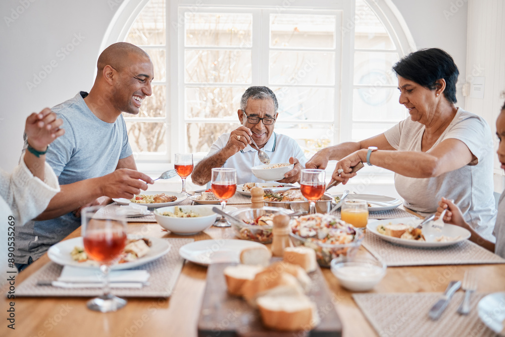 Canvas Prints Family, apartment and dining table for happy lunch, social gathering and brunch sharing meal or grandparents. People, love and bonding or gourmet nutrition, home and together with healthy dish