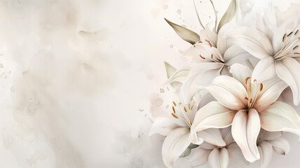 Fototapeta premium White lilies flowers on watercolor background with copy space for wedding invitations. Pastel lily floral background for your design, save the date card, stationery, greeting card, business card
