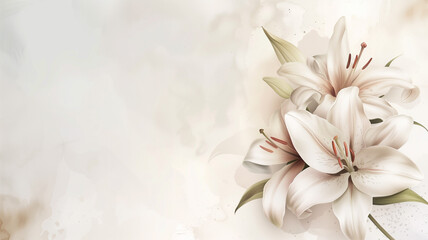 Obraz premium Watercolor background with white lilies flowers with copy space for wedding invitations. Pastel lily floral background for your design, save the date card, stationery, greeting card, business card