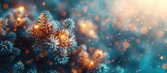 Obraz premium Winter Wonderland: Frosted Pine Branch Glowing with Warm Lights