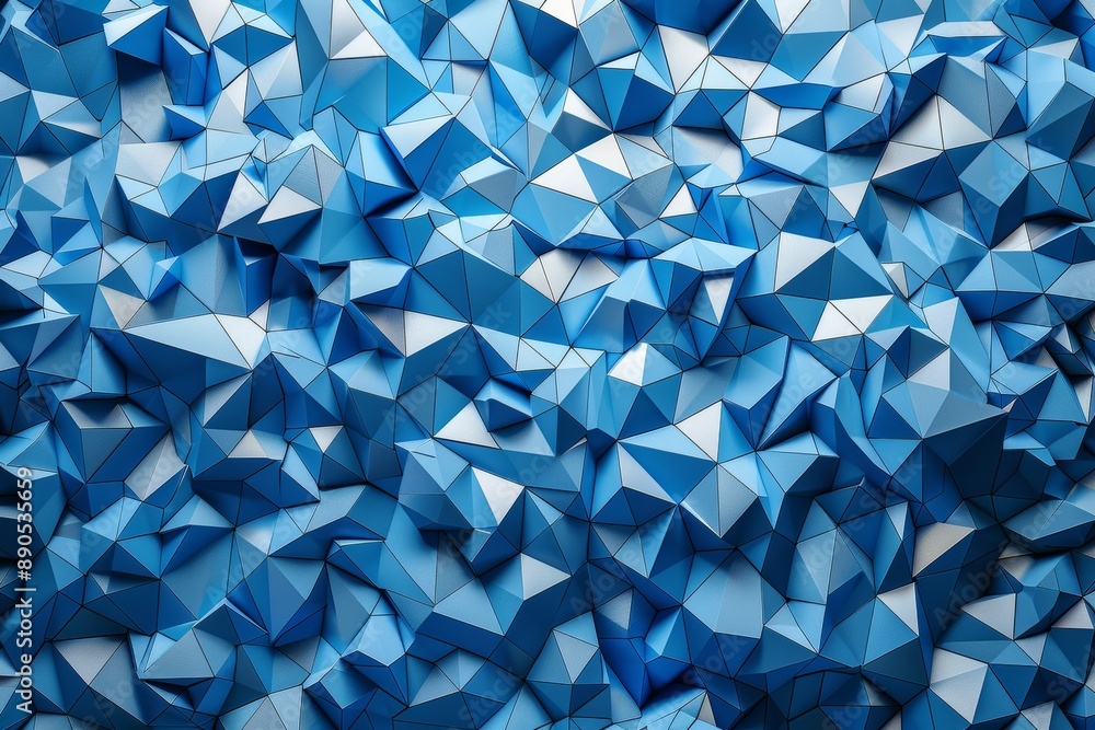 Poster geometric background with dynamic blue triangular facets, creating a modern look.