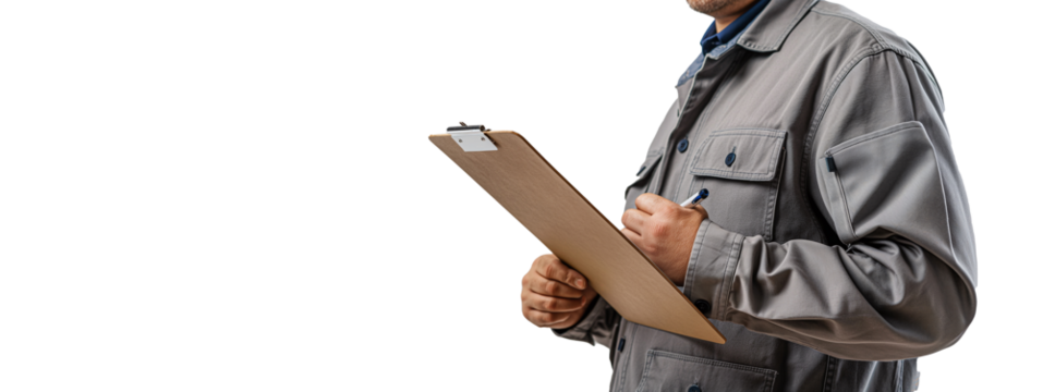 Engineer in gray work jacket holding clipboard and pen against plain background with ample copy space for additional text or graphics.