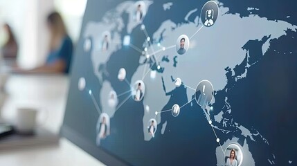 A 3D rendering of a detailed world map displayed on a large screen, with several other blurry data screens in the background.