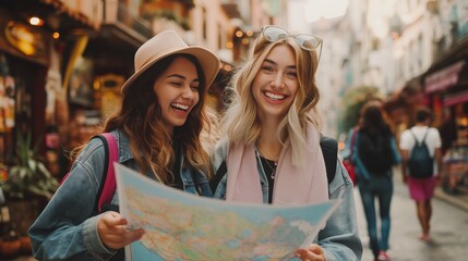 Two traveler young women looking at a map and studying city streets while on vacation in Asia, laughing together with friends during their travel trip, travel and tourism concept.