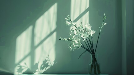 White tuberose flowers in a vase on a table, bathed in gentle sunlight