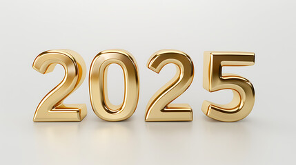 Gleaming 3D golden metal numbers 2025 arranged in a neat line on a white background, exuding festivity 