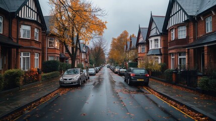 Obraz premium A quiet residential street lined with brick houses and autumn trees shedding leaves. Parked cars are visible along both sides of the wet road.