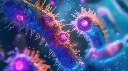 Fototapeta premium Microbes, bacteria, and proteins are tiny organisms that reproduce by dividing or connecting with other cells. This process is known as cell division or cell connection.