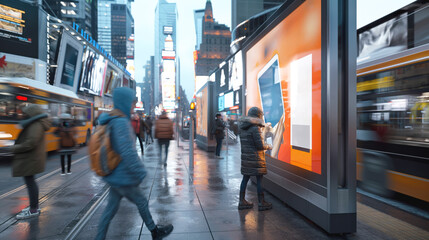 Busy urban street scene with people walking, buses in motion, and a person interacting with a touchscreen information display while bundled up in winter clothing.