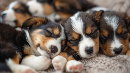 Obraz premium Four Adorable Puppies Resting on a Fuzzy Blanket