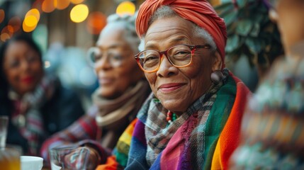 Obraz premium diverse group of LGBTQ+ elders gathered around a table, engaged in conversation and sharing their personal stories and experiences