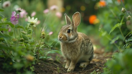 Fototapeta premium A brown rabbit sits in a lush garden with white and pink flowers
