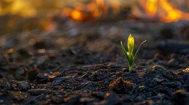 Life after disaster, like a new plant growing from the ashes of a fire. Nature's ability to renew itself after destruction. Rebirth.