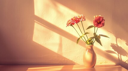 Sunbeams illuminate a vase of zinnias on a wooden table