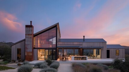Fototapeta premium Modern house with glass windows, steel chimney, and wooden exterior. Features a patio with outdoor seating and dining set at sunset.