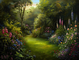 Obraz premium A painting of a garden with a path and a tree. The painting is full of bright colors and has a peaceful, calming mood