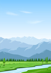 Natural mountain landscape. The river flows through a green valley. High mountain ranges in the background. Tourism, hiking, recreation in nature. Design of a poster, postcard, brochure cover.