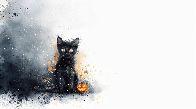 Cat with Halloween costume, playful and spooky, vibrant night scene, watercolor style