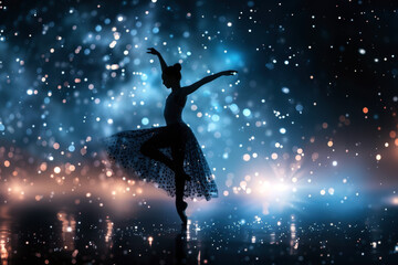 Fototapeta premium A ballet dancer is performing in the dark with a starry sky background. Concept of grace and elegance, as well as a feeling of being in a dreamlike state. The dancer's movements are fluid and graceful
