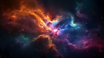 Fototapeta premium A colorful space scene with a bright orange cloud in the middle. The colors are vibrant and the stars are scattered throughout the image