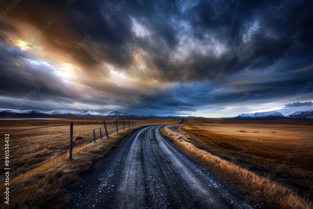 Poster a desolate road with a fence on the side and a cloudy sky in the background