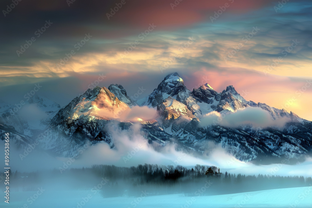 Poster the mountains are covered in snow and the sky is cloudy. the mountains are in the background and the