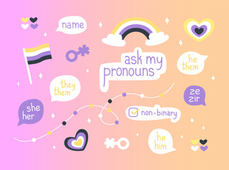 Set of stickers on non-binary in cartoon style