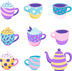 Pastel Coffee and Tea Set Illustration - Playful and Whimsical Design. Flat style vector illustration