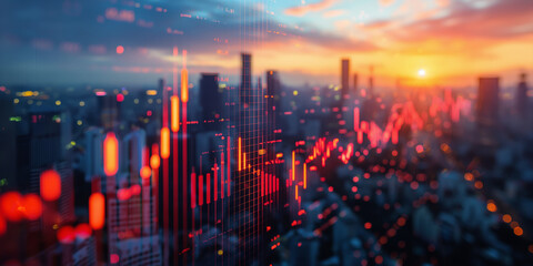 City Lights and Market Insights: A Sunset View with Financial Indicators