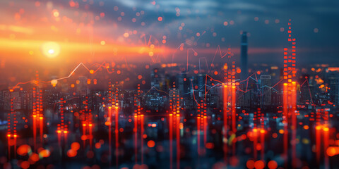 Fototapeta premium The Confluence of Data and Urban Energy: Cityscape at Sunset Interwoven with Digital Insights