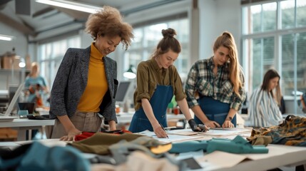A group of fashion designers is working together in a bright studio, reviewing fabric swatches and patterns on a large table.
