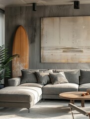 A cozy living room with a surfboard on the wall, perfect for beach-inspired decor