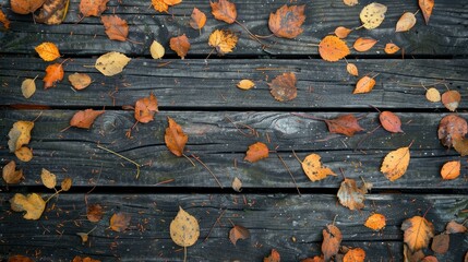 Naklejka premium Autumnal leaves scattered on a rustic wooden background.