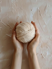 Hands holding a beige yarn ball in textured background.